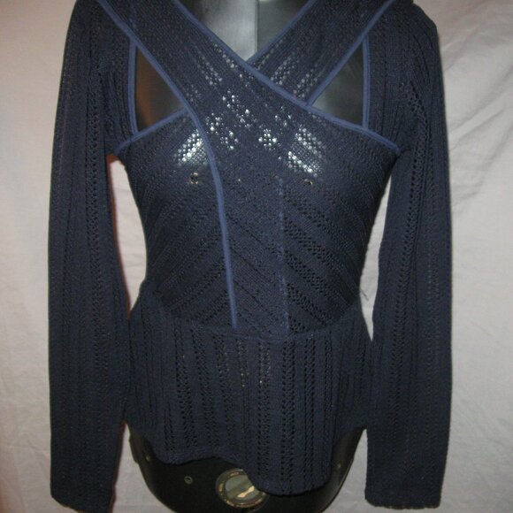 BCBG MAX AZARIA Crochet Crossover S Cut Out V Neck Navy Blue Sweater Top… - Picture 1 of 6